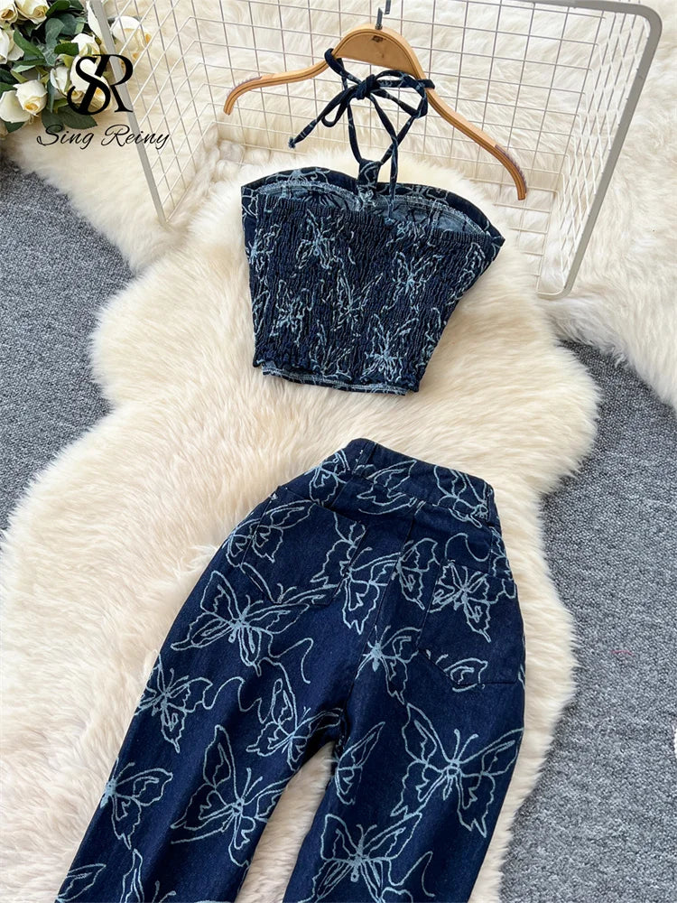 SINGREINY Butterfly Print Denim Two Pieces Sets 2025 Halter Strapless Sim Camis+Wide Legs Long Pant American Retro Fashion Suits - JN Fashion Fusion