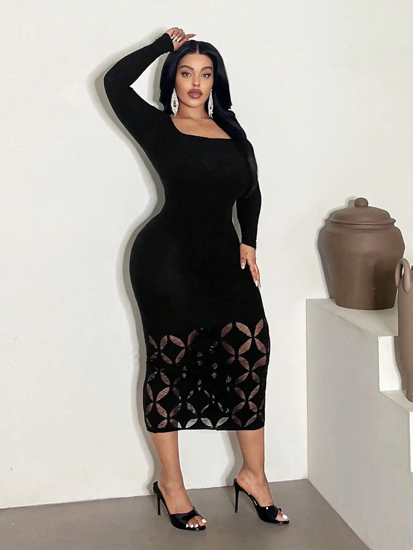 Women' Sexy Dress Solid Color Long sleeve Hollow Out Breathable Bodycon Night Club Dress - JN Fashion Fusion