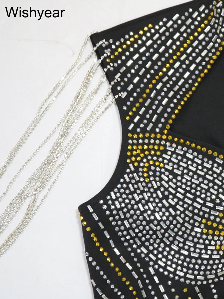 New Luxury Crystal Tassels Rhinestone Night Club Short Dress for Women Hollow Out Sleeveless Sexy Party Birthday Festival Outfit - JN Fashion Fusion