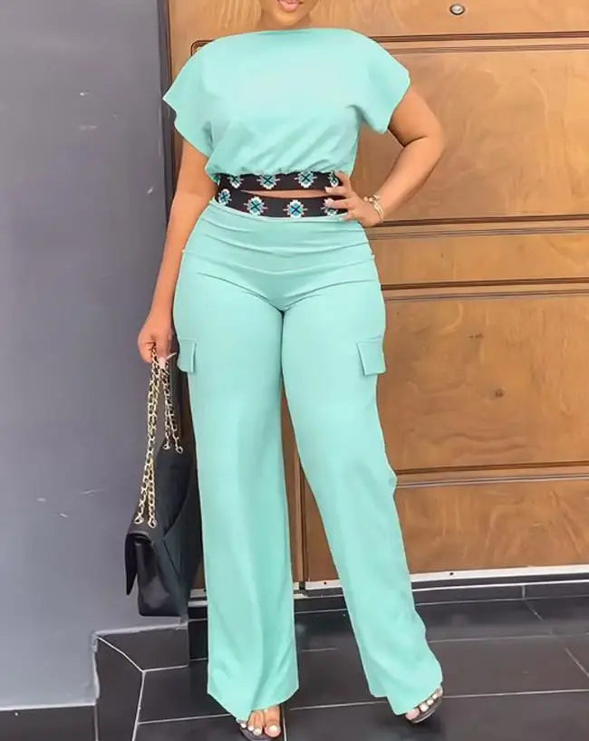 Two Piece Sets Women Outifit 2023 Summer Fashion Geometric Print Boat Neck Short Sleeve Crop Top & Casual Pocket Daily Pants Set - JN Fashion Fusion