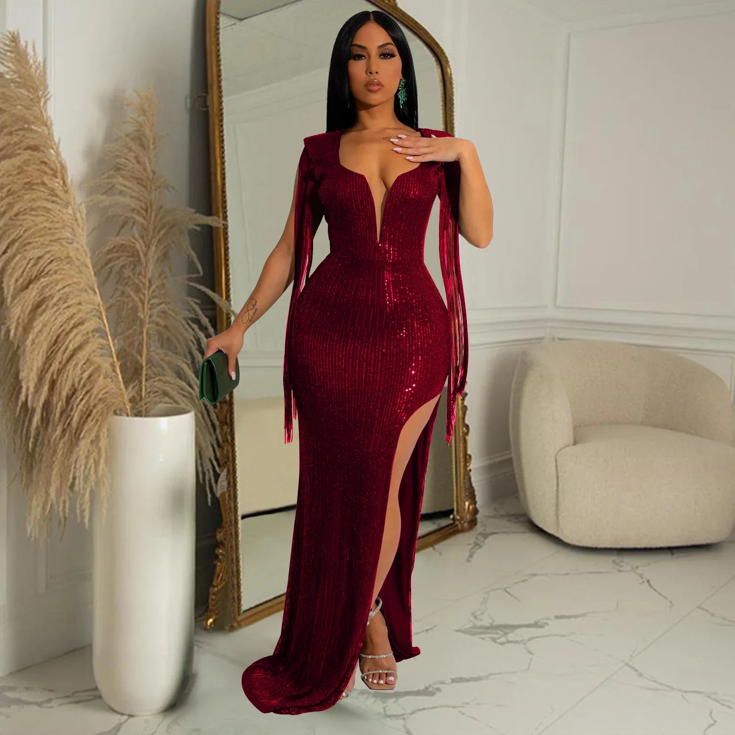 CM.YAYA Women Sequined Tassel Sleeve High Side Slit Midi Maxi Long Dress Autumn Winter Sexy Prom Party Evening Bodycon Dresses - JN Fashion Fusion