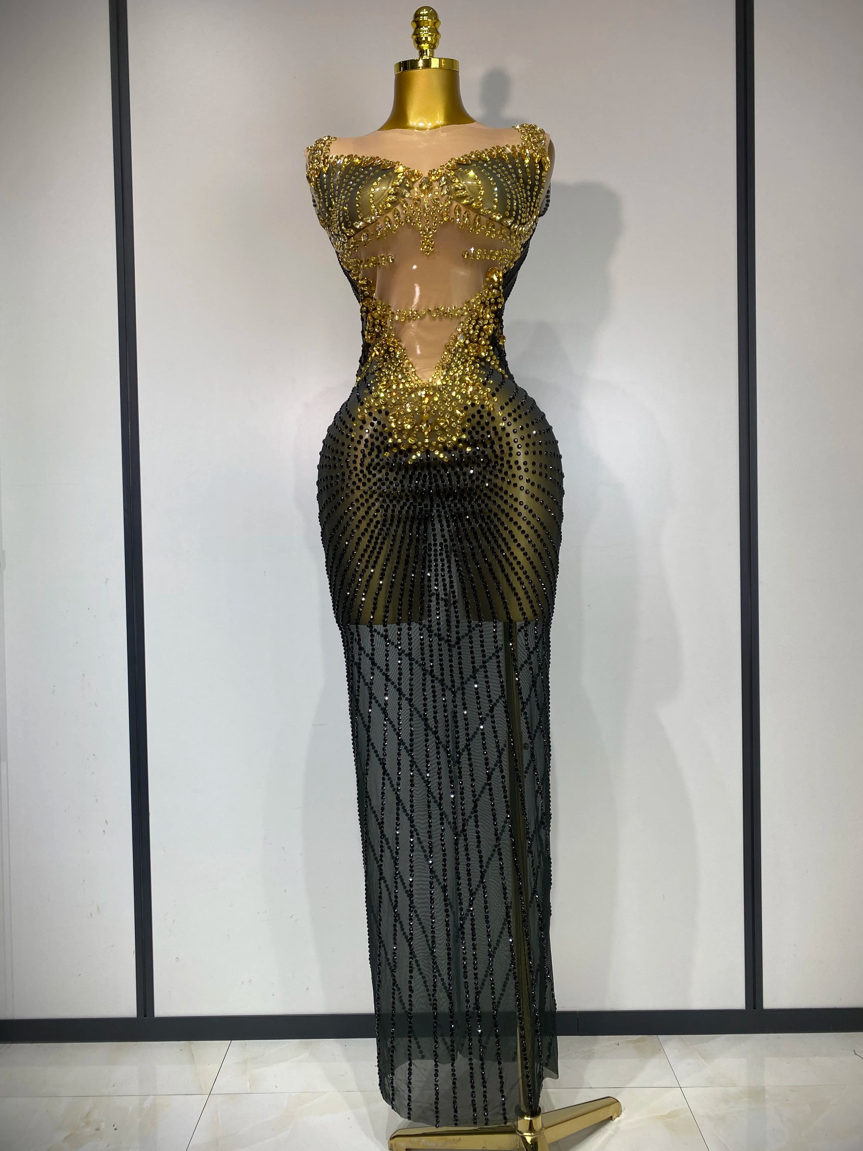 Sparkly Gold Rhinestone Transparent Sleeveless Mini Dress Evening Birthday Celebrate Party Nightclub Dance Performance Outfit - JN Fashion Fusion