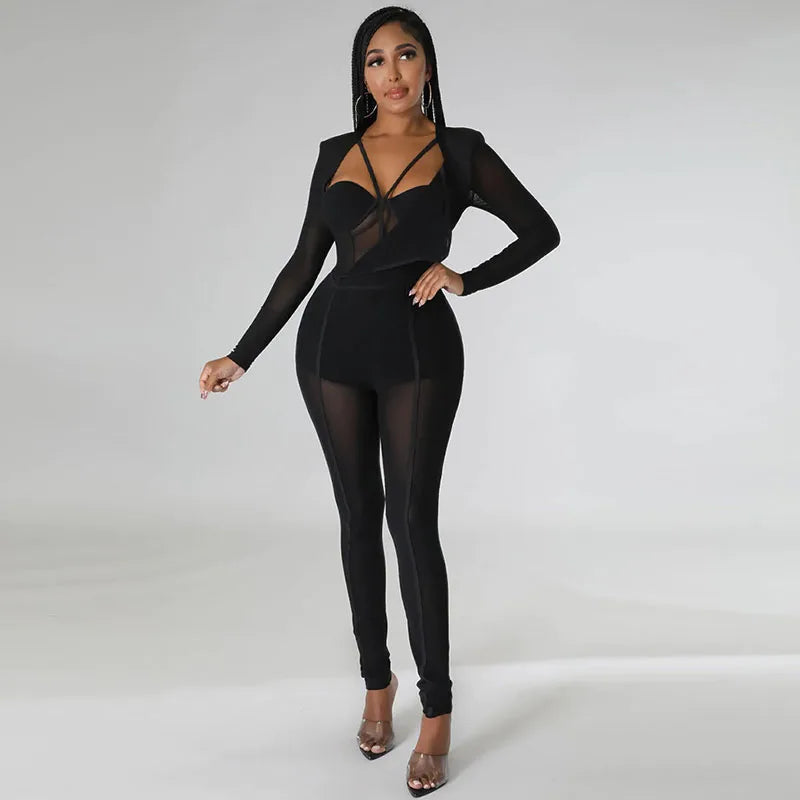 Sexy Mesh Patchwork Sheer Night Club Bodycon Jumpsuit for Women See Through One Piece Rompers Clubwear Party Birthday Outfits - JN Fashion Fusion