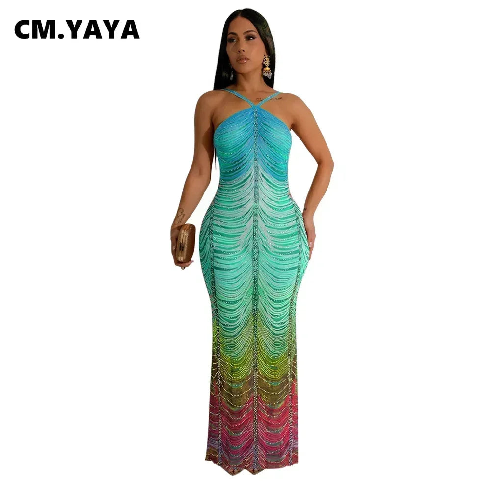 CM.YAYA 2024 Beach Tie Dye Print Diamonds Strap Halter Women's Long Dress Sexy Night Party Sleeveless Bodycon Pencil Dresses - JN Fashion Fusion