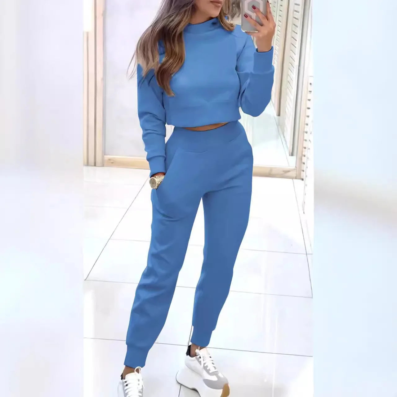 2025 New Women's 2-piece Long-sleeved Short Sweatshirt Turtleneck Fashion Casual Elastic Waist Slim Pant Sets - JN Fashion Fusion