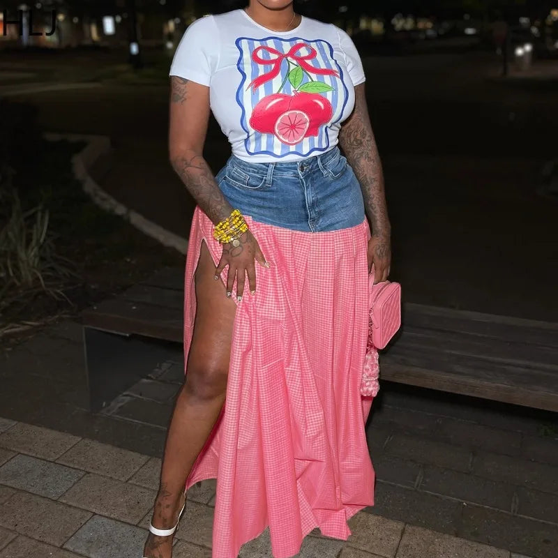 HLJ Y2K Streetwear Fashion Baddie 2 Piece Sets Outfits Hot Girl Short Sleeve T-shirt and Denim Patchwork Plaid Skirt Matching - JN Fashion Fusion