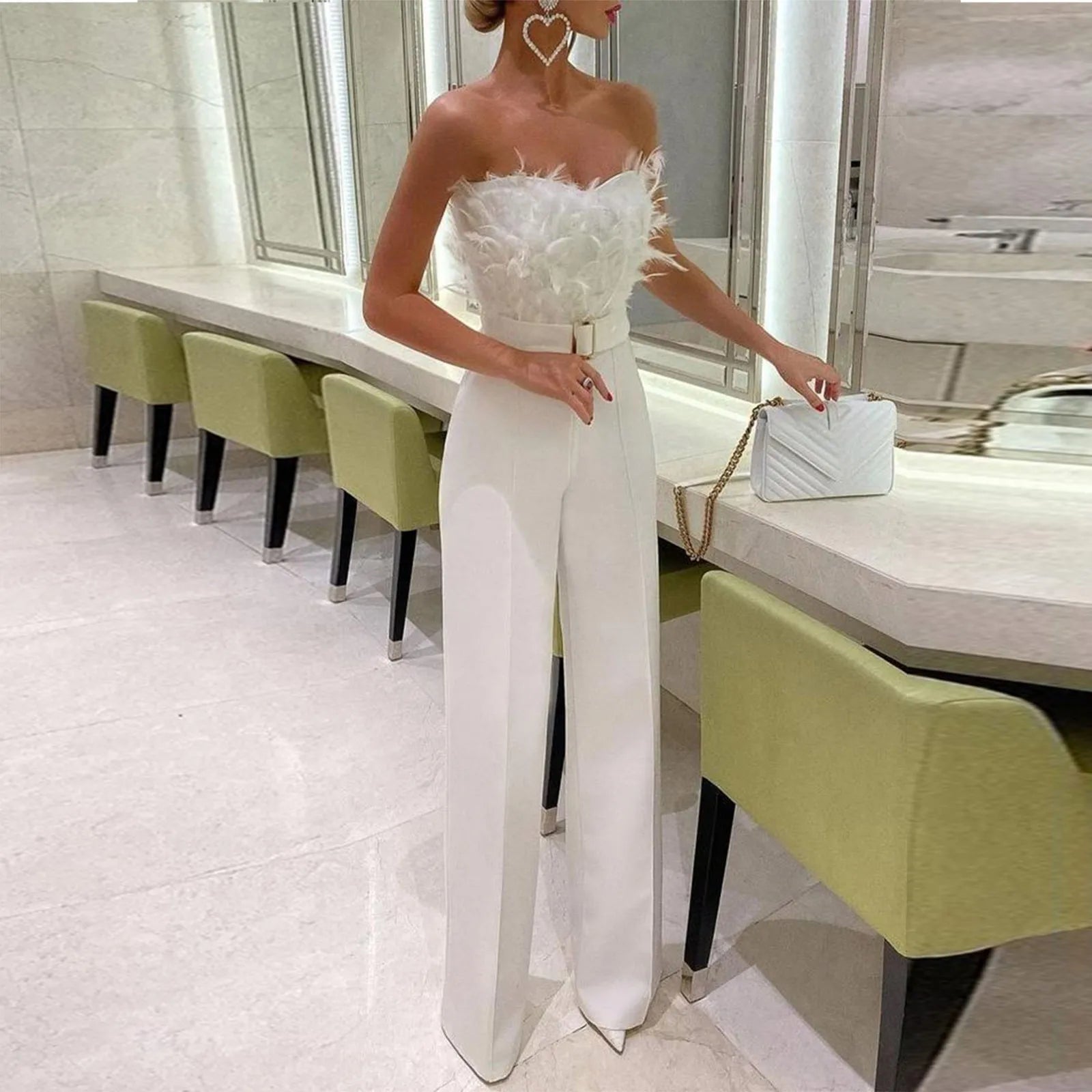 Women Jumpsuit Feather Tube Top Sexy Evening Party Jump Suits Sleeveless High-waisted Straight Playsuits Night Clubwear Overalls - JN Fashion Fusion