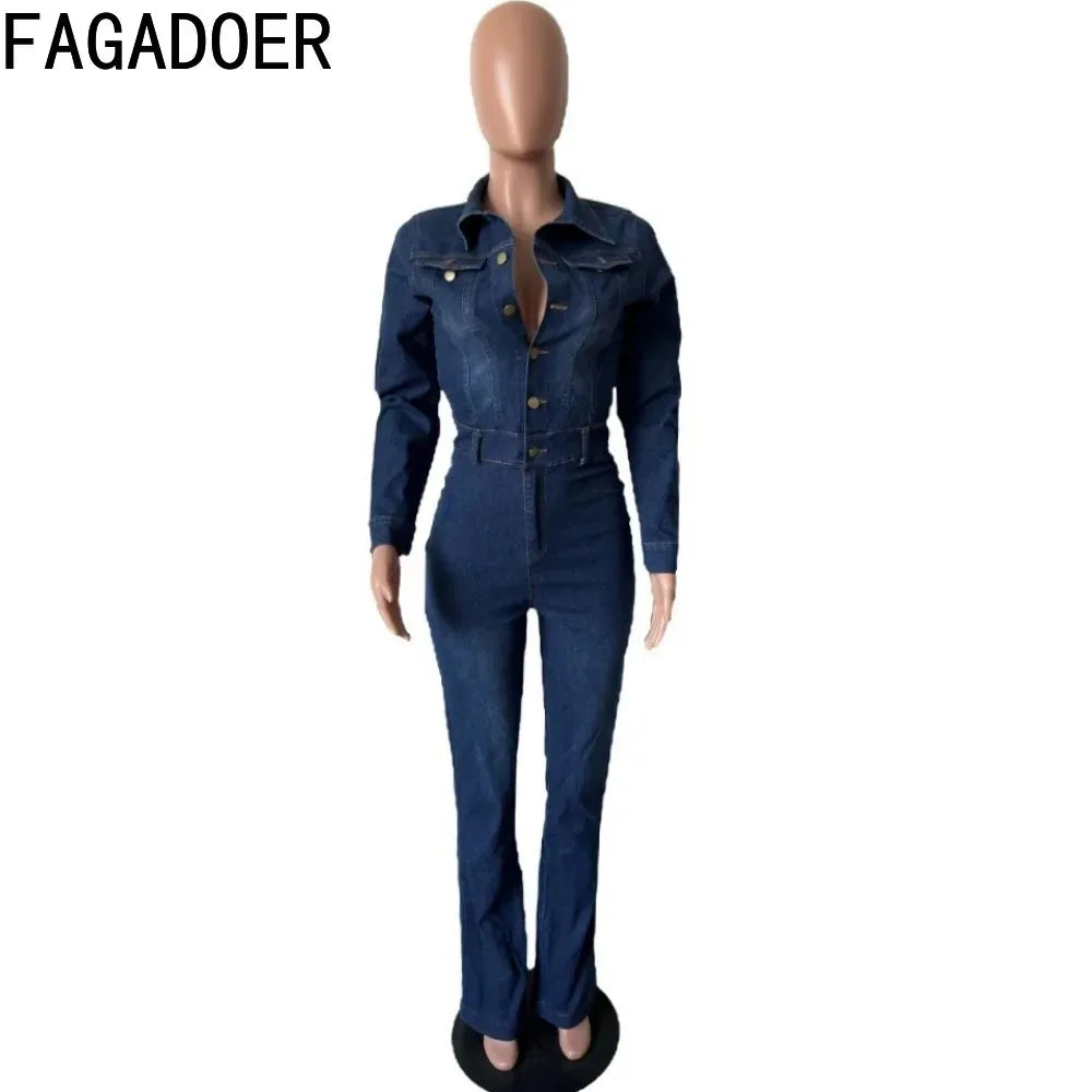 FAGADOER Fashion Denim Elastic Flared Pants Jumpsuits Women Turndown Collar Button Long Sleeve Playsuits Female Cowboy Overalls - JN Fashion Fusion