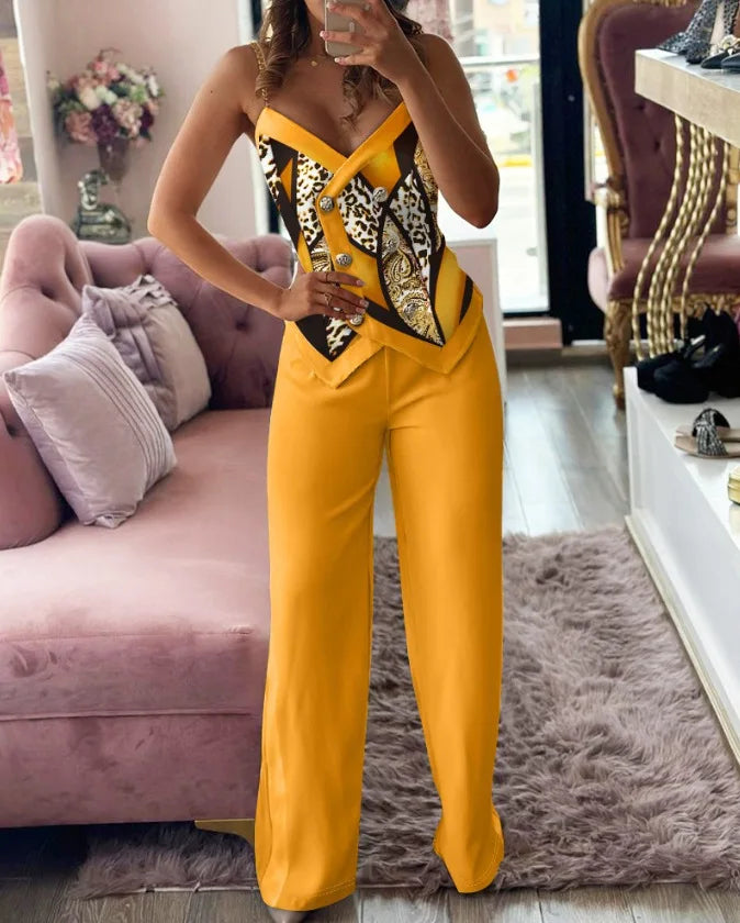 Spring Summer New Fashion Commuter Women Suit Irregular Top Wide Leg Trousers Metal Suspenders Double Breasted Slim Suit Lady - JN Fashion Fusion