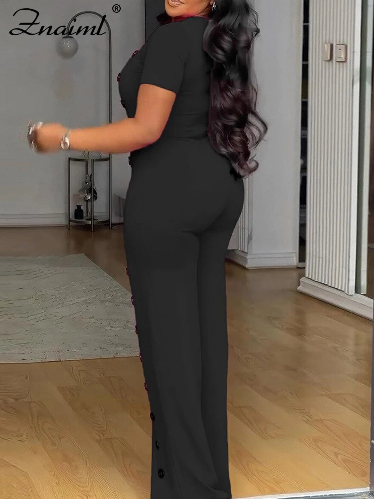 Znaiml Women Elegant Long Jumpsuits for Party Summer Short Sleeve Buttons Solid Color Wide Leg Pants Rompers One Pieces Overalls - JN Fashion Fusion