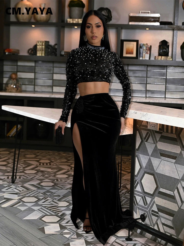 CM.YAYA Winter Women Velvet Sets Full Sleeve Sequined Pearls Sexy Crop Top and Long Skirt Set Street Party Club 2 Two Piece Sets - JN Fashion Fusion