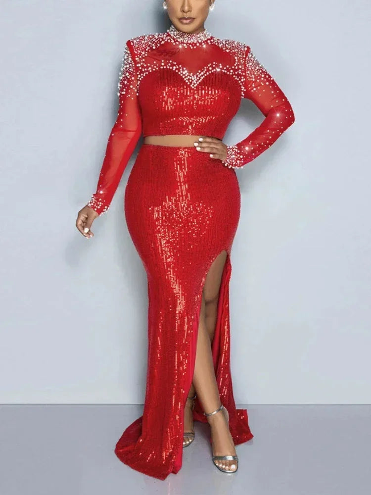 Luxury Sequins Evening Dress Set Beading Diamonds Cropped Tops High Slit Maxi Skirts 2 Piece Outfits Bodycon Party Dinner Gown - JN Fashion Fusion