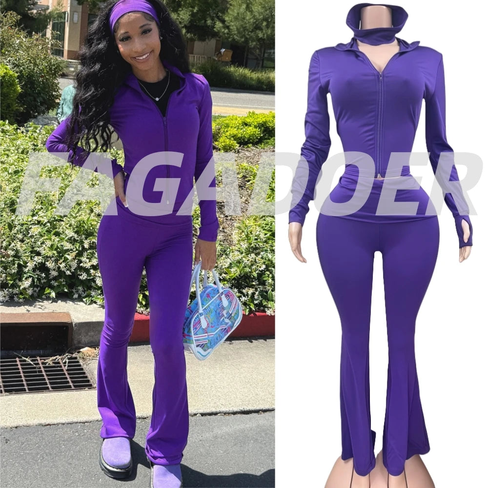 FAGADOER Casual Woman 3 Piece Set Outfit Solid Color Long Sleeves Crop Top + Flare Pants Matching Female Streetwear Clothing