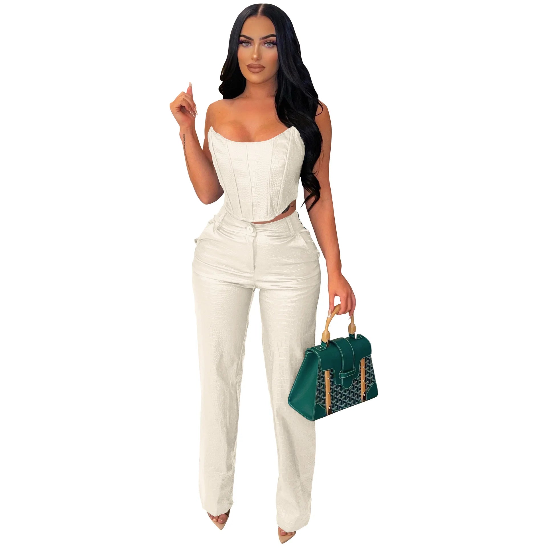 HBLL Women's Green Corset Cut-Out Cargo Sexy Sleeveless Jumpsuits PU Leather Matching Set Sexy Clubwear 2 Piece Outfits