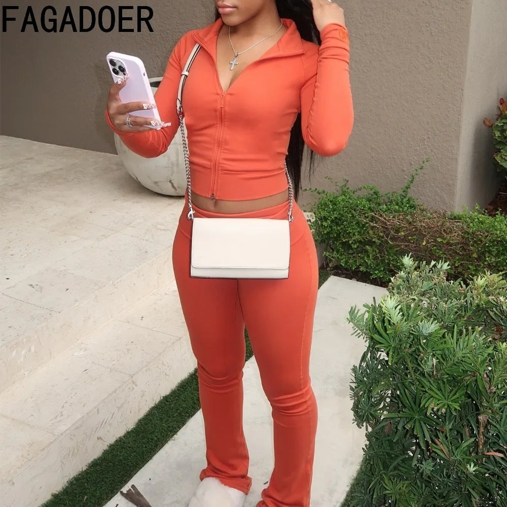 FAGADOER Casual Woman 3 Piece Set Outfit Solid Color Long Sleeves Crop Top + Flare Pants Matching Female Streetwear Clothing