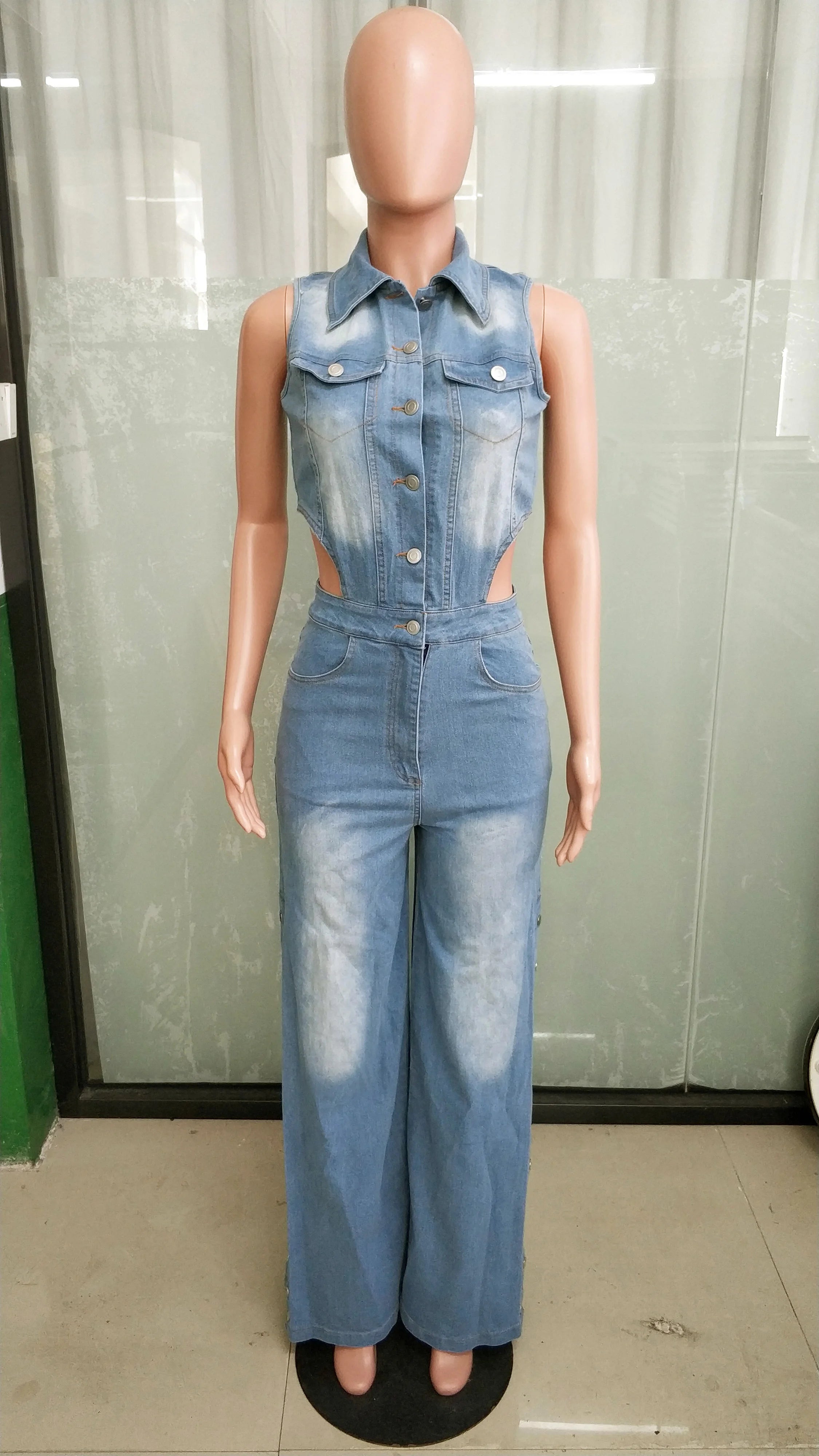 Hollow Out Jeans Cargo Jumpsuit Sexy Women Elegant Denim Stretch Casual Overalls Romper - JN Fashion Fusion