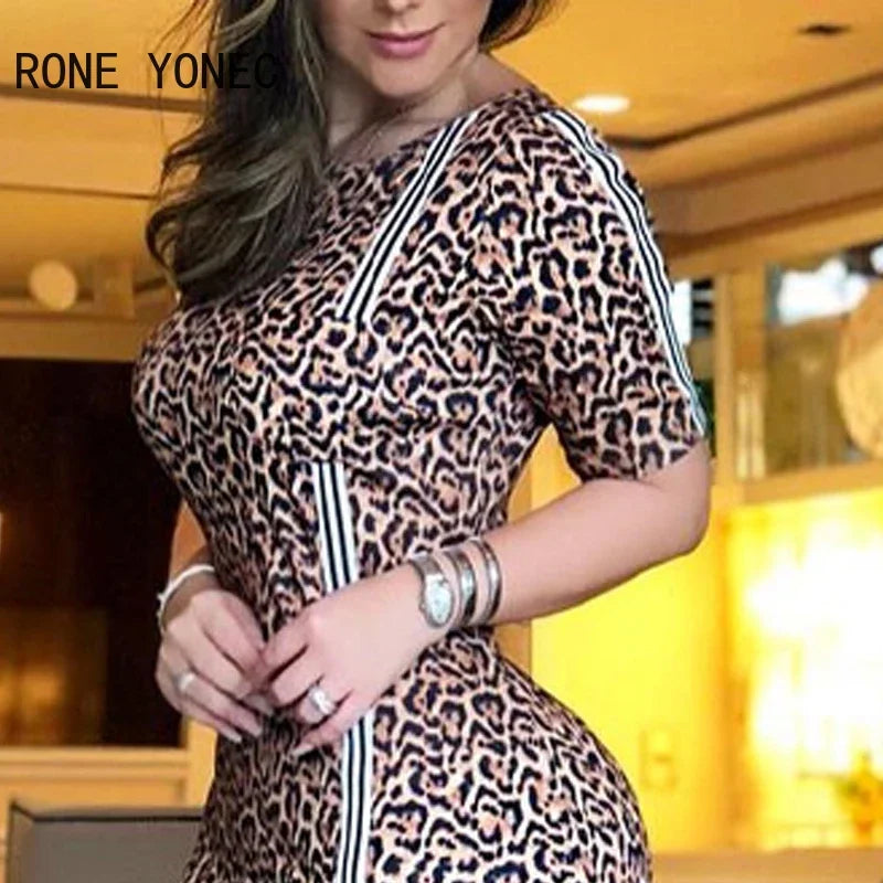 Women Elegant Round Neck Short Sleeves Leopard Pattern Bodycon Mini Dress - JN Fashion Fusion