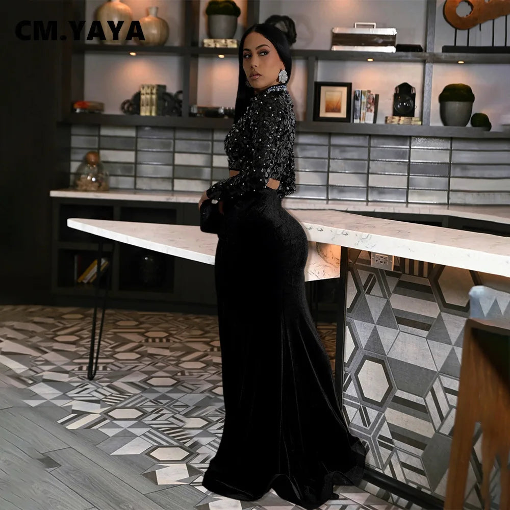 CM.YAYA Winter Women Velvet Sets Full Sleeve Sequined Pearls Sexy Crop Top and Long Skirt Set Street Party Club 2 Two Piece Sets - JN Fashion Fusion