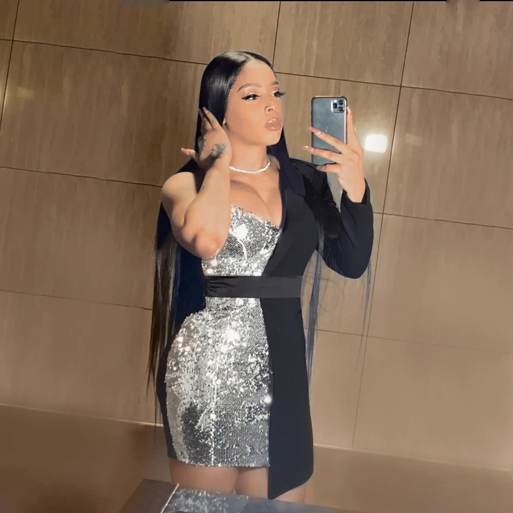 Ladies Sequins Formal Occasion Dresses Dne Shoulder Patchwork Prom Mini Dress Sexy Bodycon Elegant Party Dresses for Women 2023 - JN Fashion Fusion