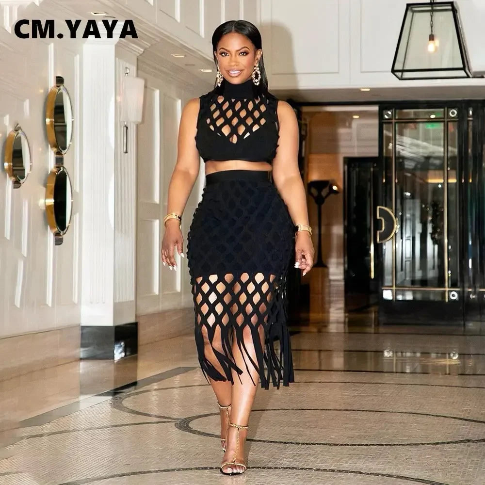 CM.YAYA Women Hollow Out Tassel Bodycon Midi Skirts Set and Sleeveless T-shirt 2023 Summer Party Two 2 Piece Set Outfit Dress - JN Fashion Fusion