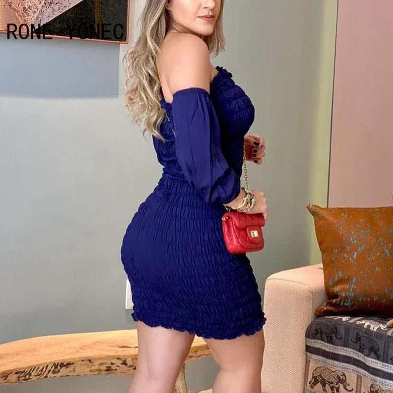 Women Casual Solid Off Shoulder waistband Lantern sleeves Folds All over Print Mini Dress - JN Fashion Fusion