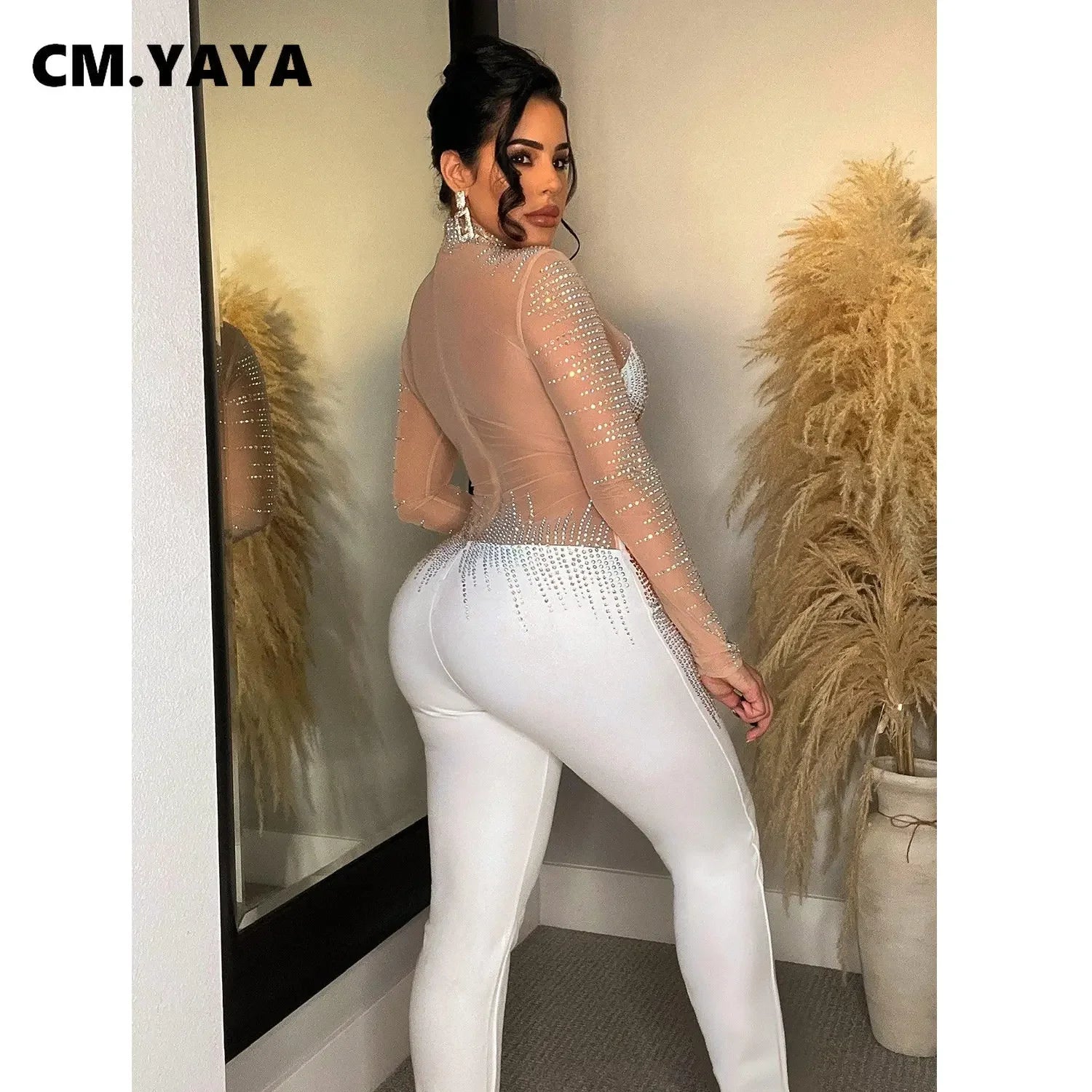 CM.YAYA Women Diamonds Hot Rhinestones Mesh See Though Long Sleeve Stretch Jumpsuit 2023 Party Evening Playsuit One Piece Set