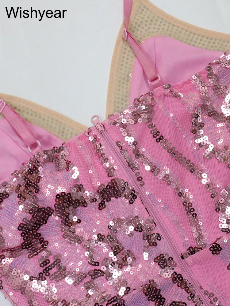 New Sequin Glitter Rhie Birthdy Party Long Dress Women's Spaghetti Straps High Split Wedding Evening Prom Celebrity