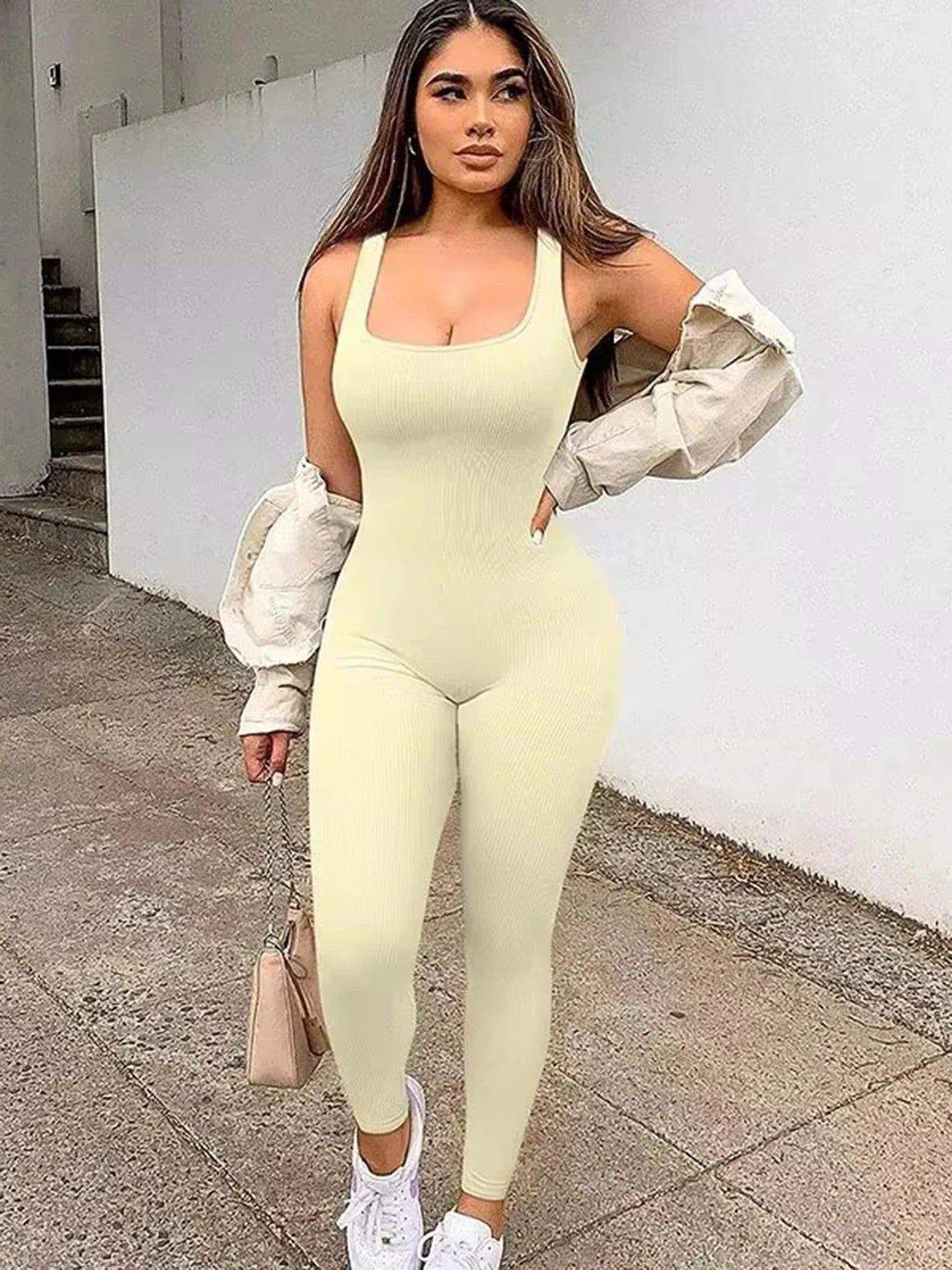 Women's shapewear jumpsuit slim fit square neck sleeveless summer jumpsuit ribbed yoga suit sports outdoor casual clothing - JN Fashion Fusion