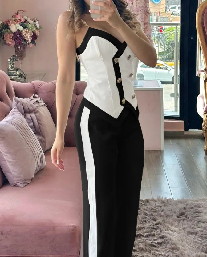 Spring Summer New Fashion Commuter Women Suit Irregular Top Wide Leg Trousers Metal Suspenders Double Breasted Slim Suit Lady - JN Fashion Fusion
