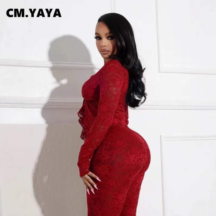 CM.YAYA 2025 Women's Set Long Sleeve Lace See Through Shirt + Long Pants Street Evening Sexy Two 2Piece Sets Outfits Tracksuit - JN Fashion Fusion
