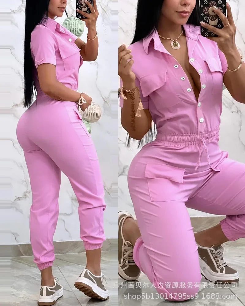 Short Sleeve Pocket Design Cuffed Cargo Jumpsuit Women Summer Solid Color Playsuits Jumpsuits Pants High Waist - JN Fashion Fusion
