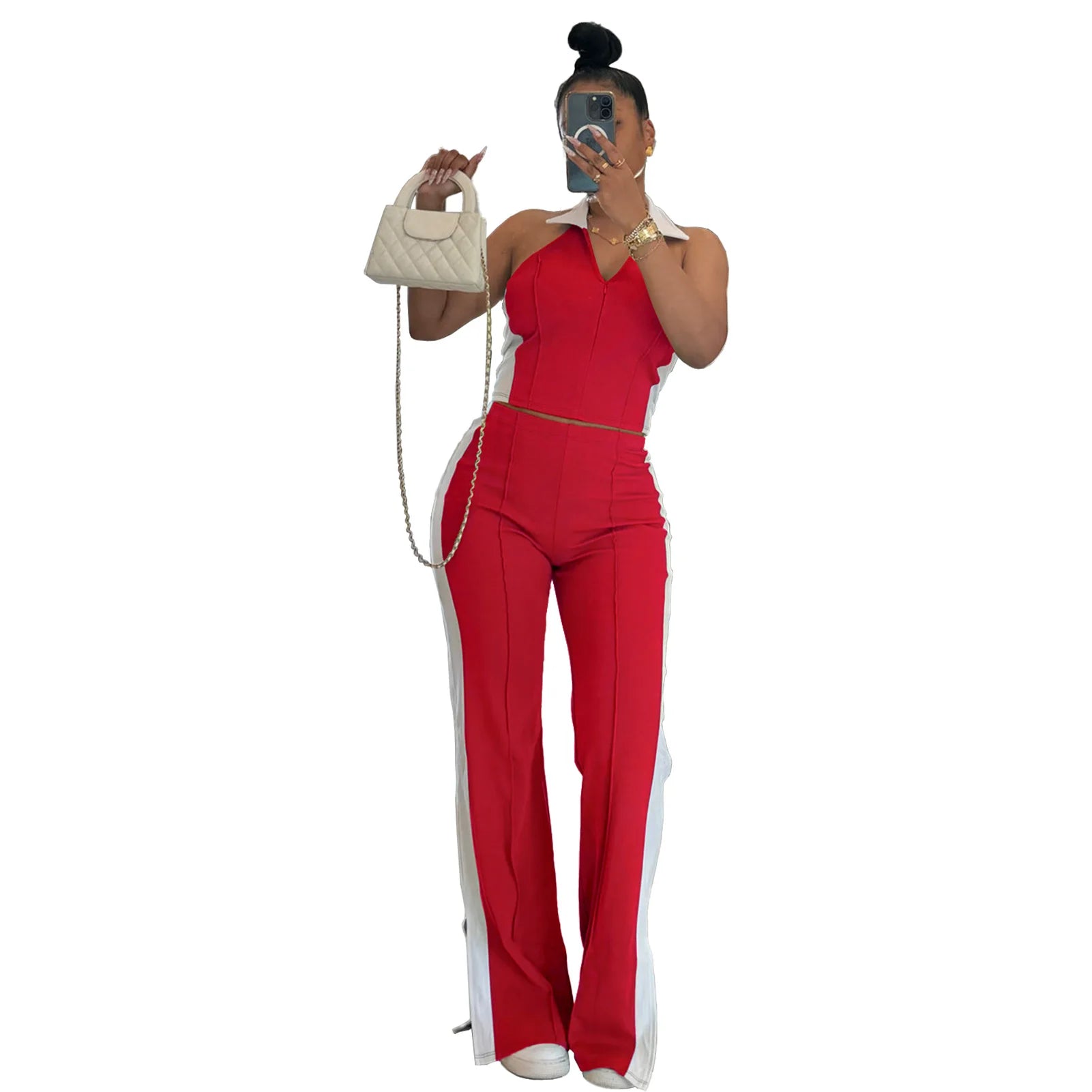 CM.YAYA Sporty Patchwork Women's Set Sleeveless Polo-tank Tops and Slit Flare Pants 2025 Active Two 2 Piece Set Outfit Tracksuit - JN Fashion Fusion
