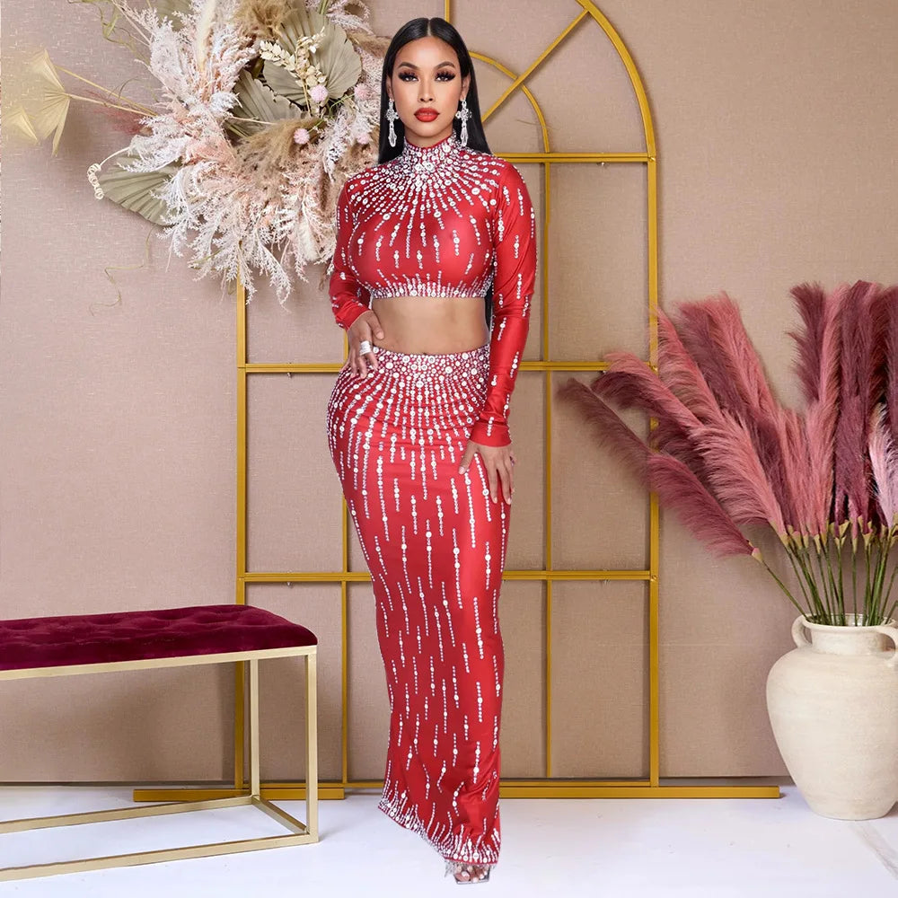 CM.YAYA Women Set Street long sleeve Print Crop Tops + High Waist Long Skirts Suits Sexy Party Holiday Two 2 Piece Sets Dress - JN Fashion Fusion