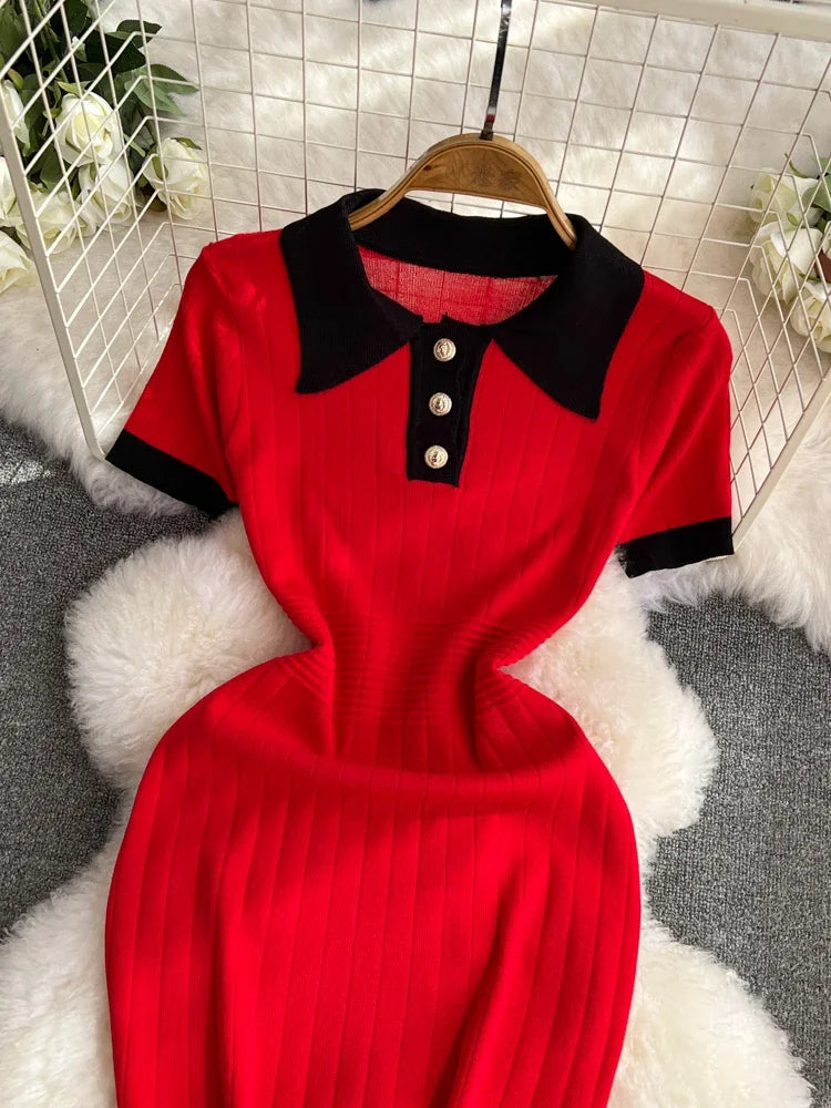 Polo Collar Patchwork Dresses Office Lady Casual Short Sleeve Knitted Dress Slim Mid Length Women Spring Summer Streetwear - JN Fashion Fusion