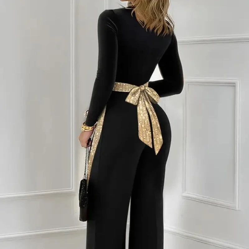 Elegant Women‘s Jumpsuit Sequin Bowknot Decor Contrast Sequin Paneled Square Neck Rompers Casual Wide Leg One Piece Pants 2025