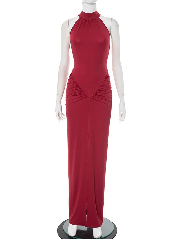 Mozision Halter Ruched Sleeveless Sexy Maxi Dress Women Gown Fashion Slim High Waist Evening Club Party Split Long Dress - JN Fashion Fusion