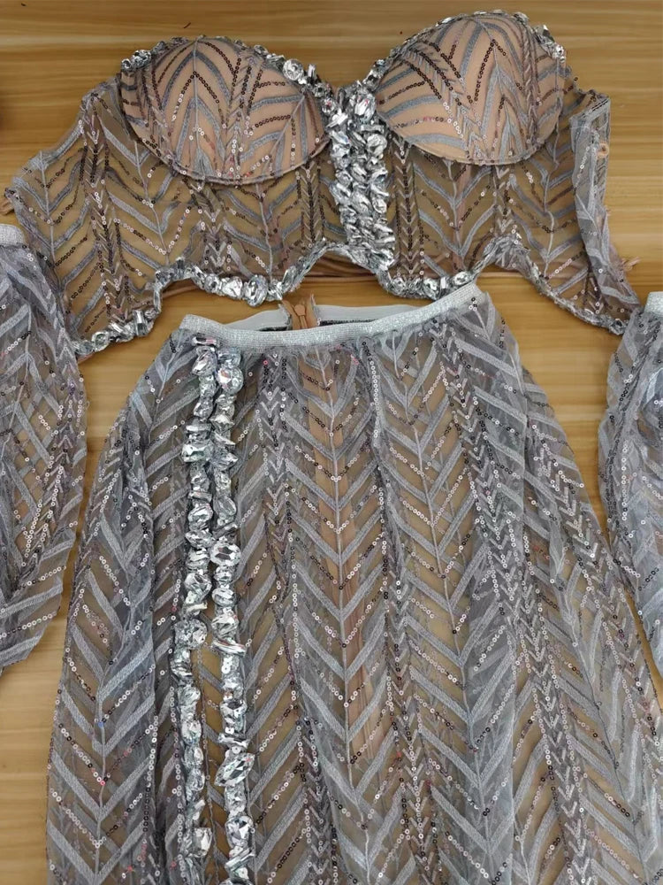 fashion glitter rhinestones sequin dress arm sleeves sexy mesh See through party wedding birthday Evening drag queen costumes
