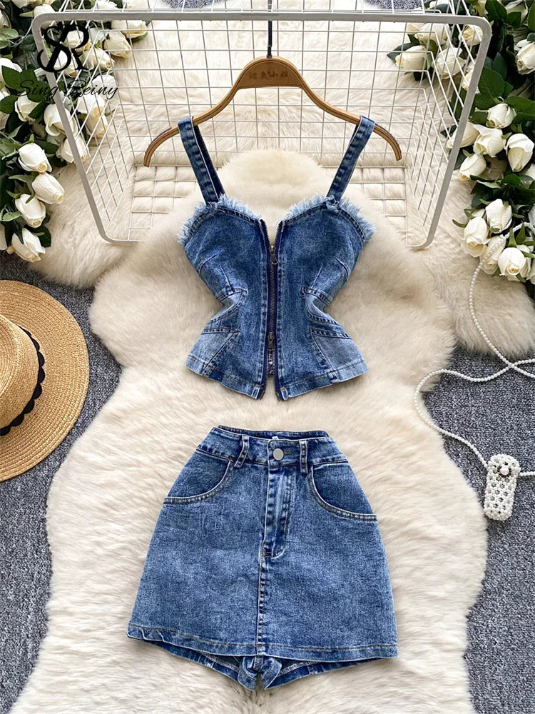 SINGREINY American Hotsweet Denim Suits Zipper Skinny Mini Top+High Waist Bodycon Skirt Women Summer Streetwear Two Piece Sets