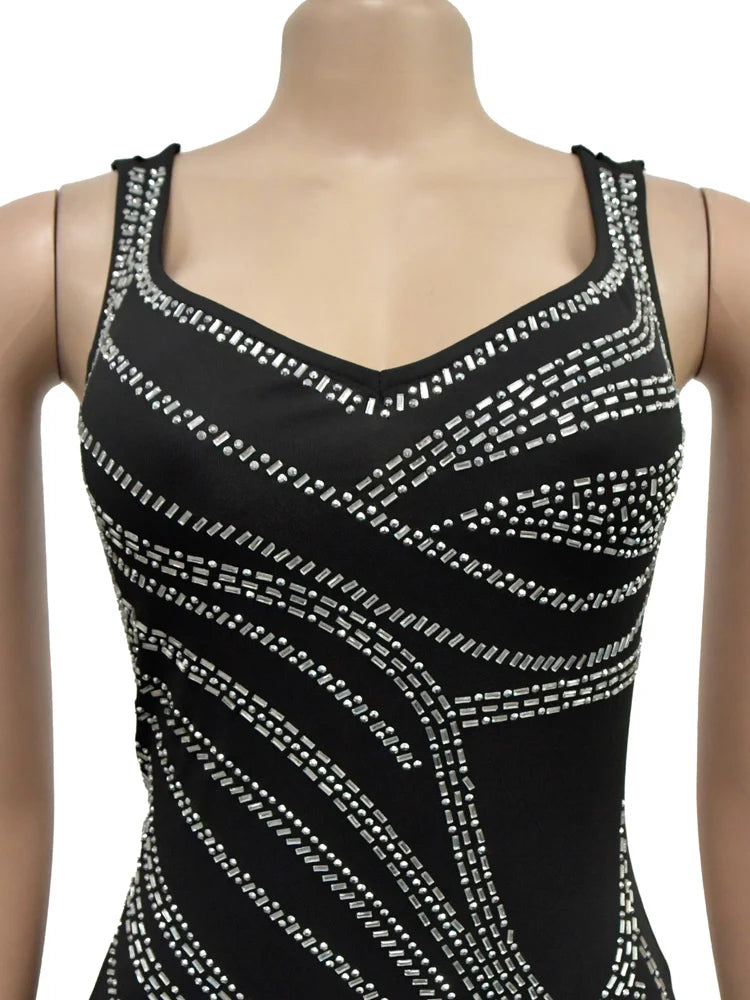 Beyprern Women's Rhinestones Décor Leg Slit Maxi Dress Glam Sleeveless Diamonds Slim Party Club Dress Birthday Outfits Vestidos - JN Fashion Fusion