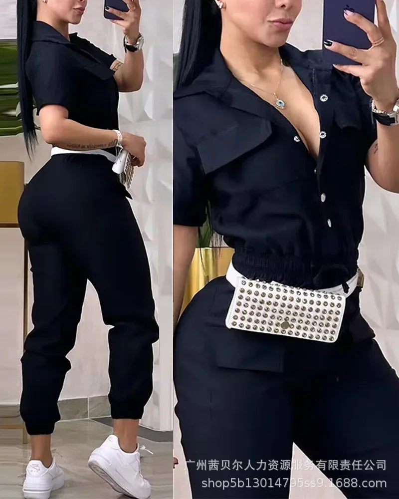 Short Sleeve Pocket Design Cuffed Cargo Jumpsuit Women Summer Solid Color Playsuits Jumpsuits Pants High Waist - JN Fashion Fusion