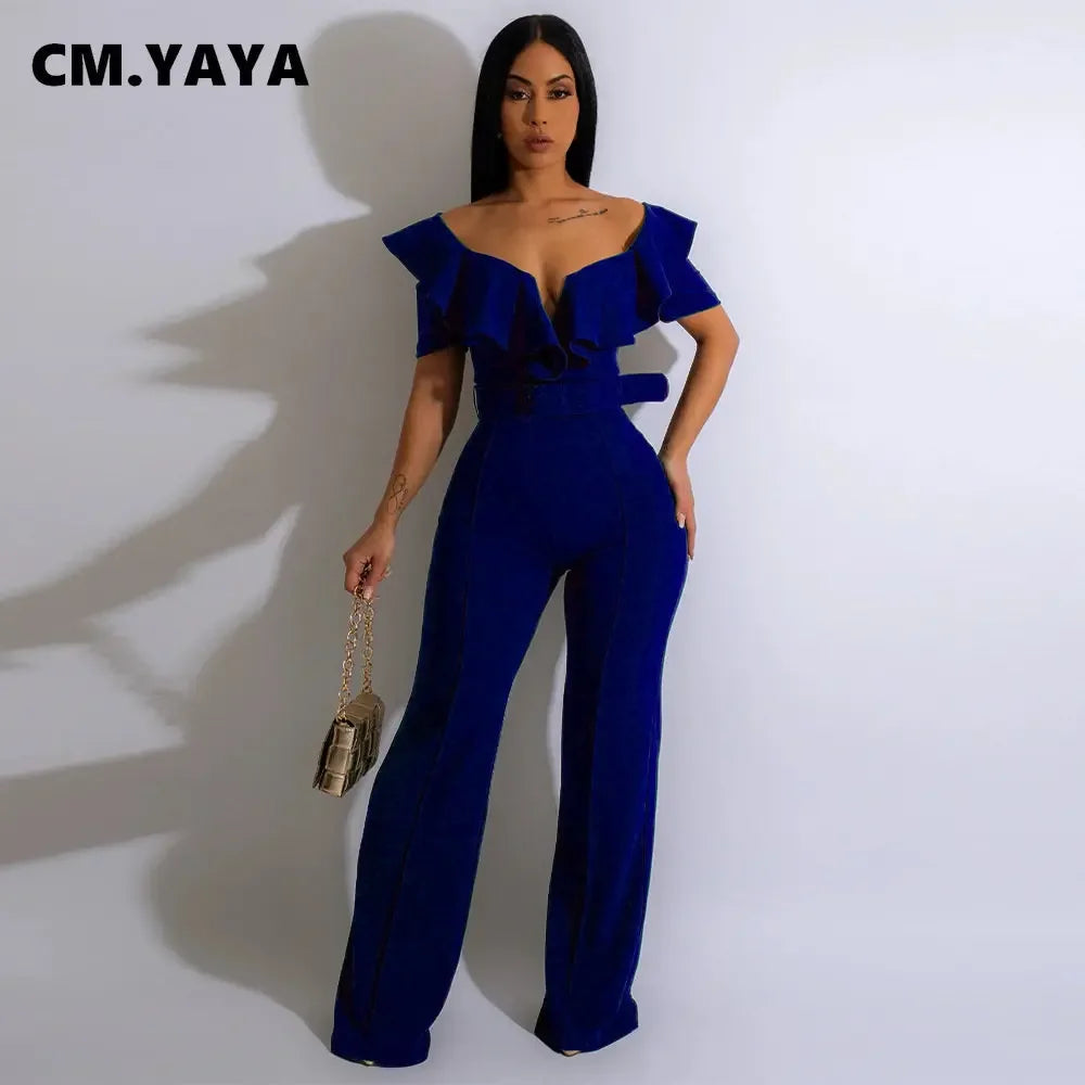 CM.YAYA Vintage Women Butterfly Sleeve Zipper Back Sashes High Waist Straight Wide Leg Jumpsuit 2023 Party Evening One Piece Set - JN Fashion Fusion