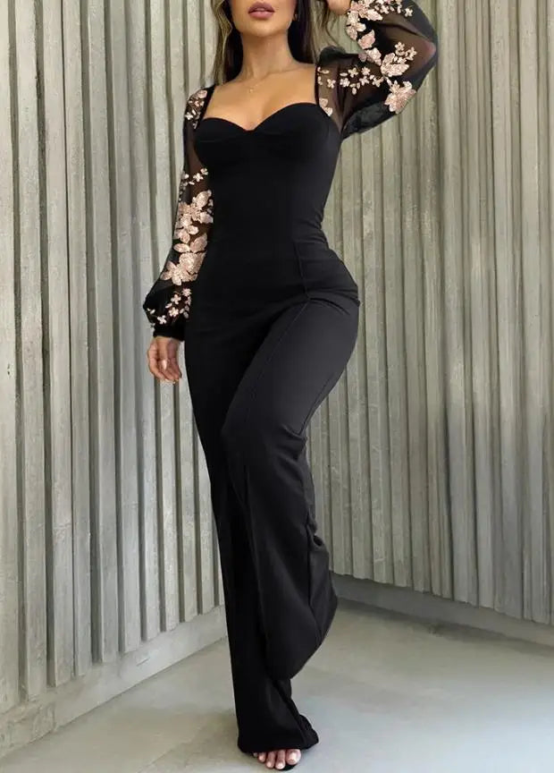 Women's Sweetheart Neck Sequin Flower Mesh Lantern Sleeves Lace-Up Back Jumpsuit Casual Backless Seam Front Wide Leg Jumpsuit