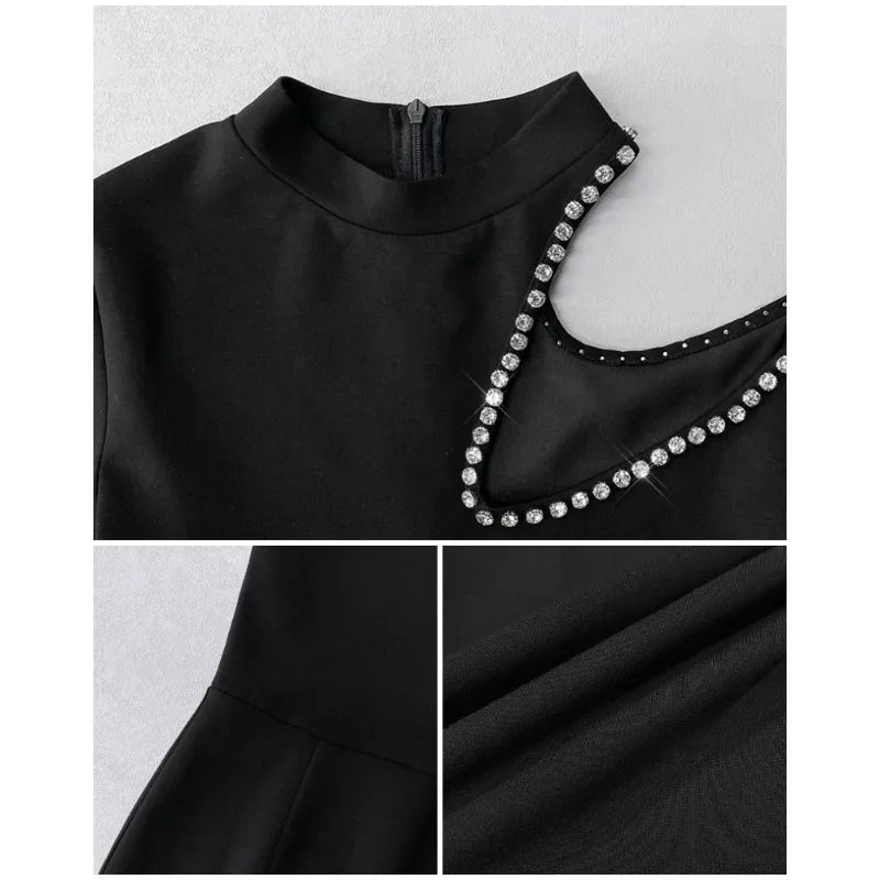 Rhinestone Jumpsuits Women Cold Shoulder High Neck High Waist Rompers Jumpsuit Long Sleeve Slim Fit Flared Pants Jumpsuit