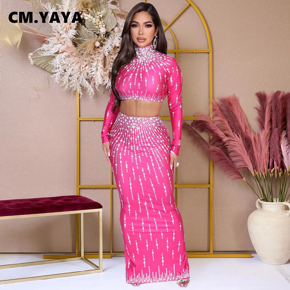 CM.YAYA Women Set Street long sleeve Print Crop Tops + High Waist Long Skirts Suits Sexy Party Holiday Two 2 Piece Sets Dress - JN Fashion Fusion