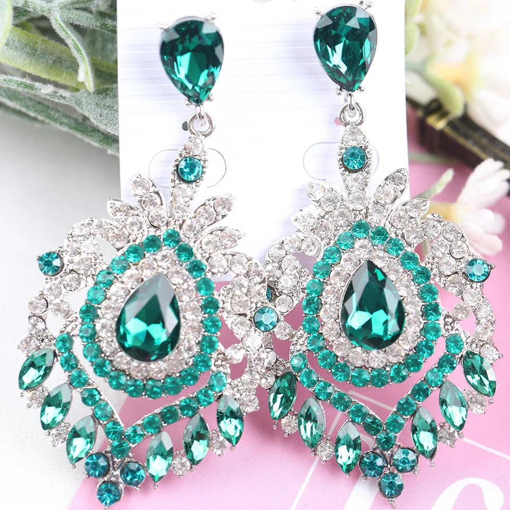 Vintage Statement Jewelry Wholesale Wedding Long Green Emerald Crystal Rhinestone Chandelier Dangle Drop Earrings for Women - JN Fashion Fusion