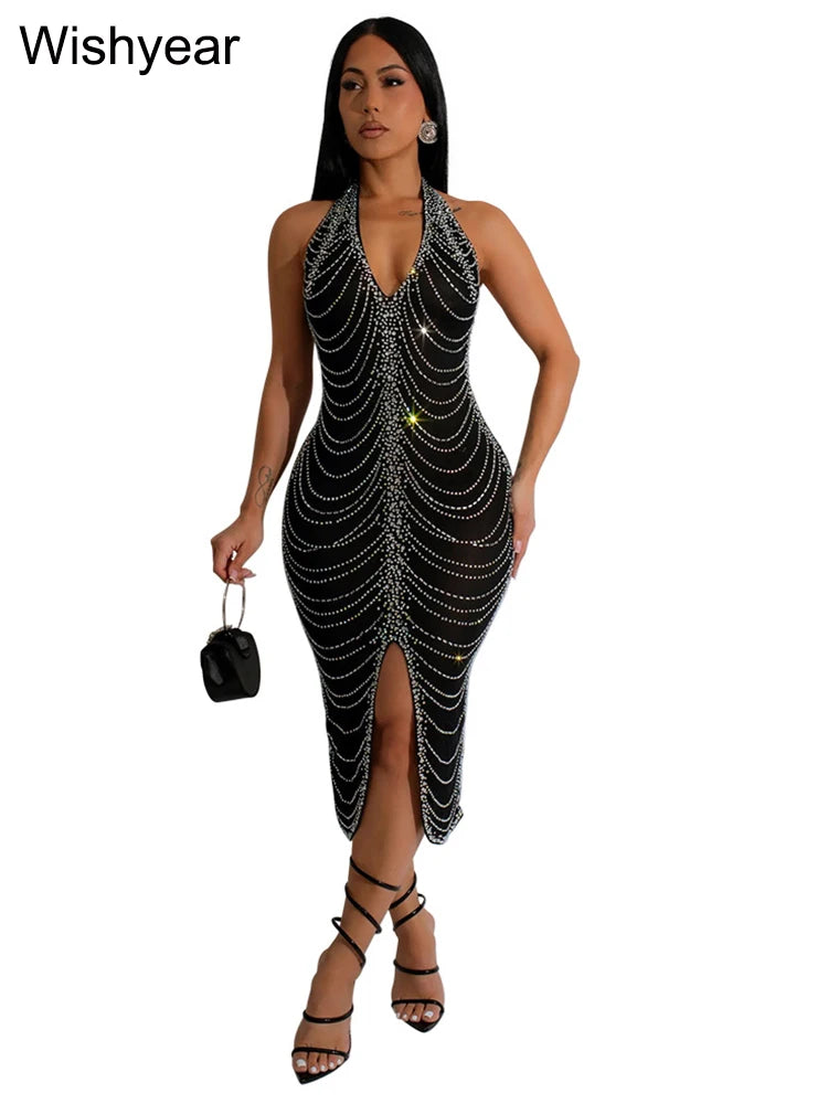 New Sexy Diamonds Halter Black Party Bodycon Midi Dress Women Sleeveless Backless Front Split Birthday Night Prom Club Vestidos - JN Fashion Fusion