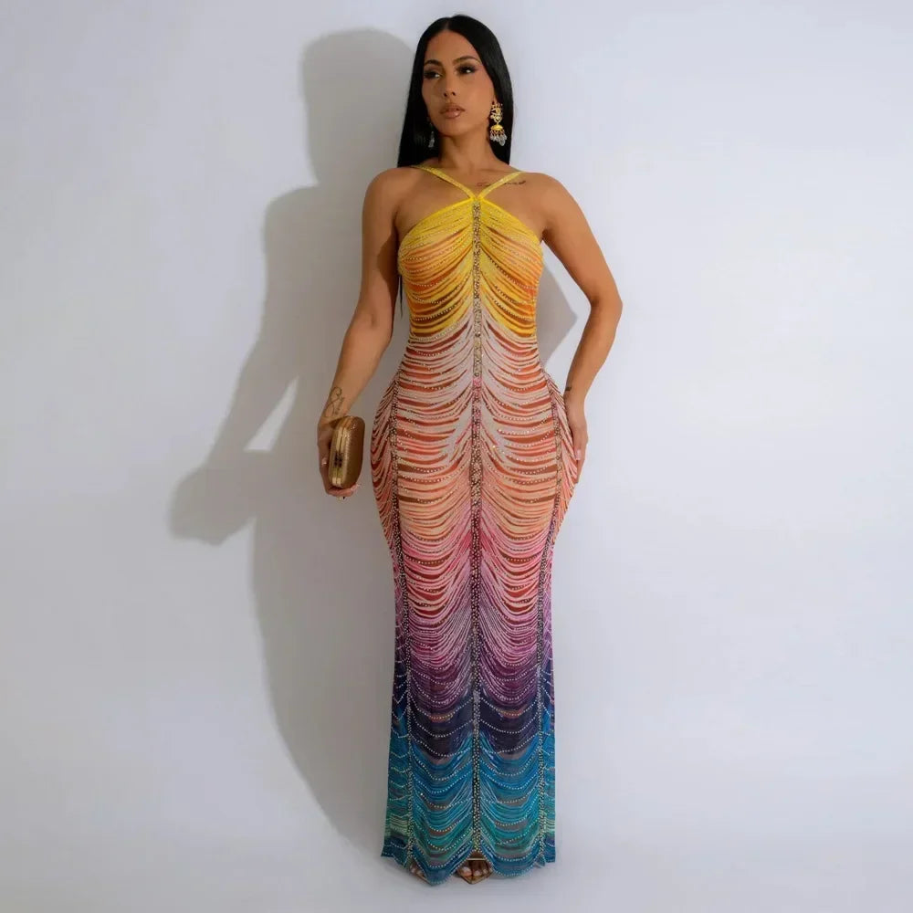 CM.YAYA 2024 Beach Tie Dye Print Diamonds Strap Halter Women's Long Dress Sexy Night Party Sleeveless Bodycon Pencil Dresses - JN Fashion Fusion