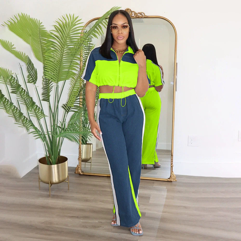 CM.YAYA Women Set Short Sleeve Jackets tops + Denim Patchwork Pant Suits 2025 Two 2 Piece Sets Sporty Tracksuits Street Outfits - JN Fashion Fusion