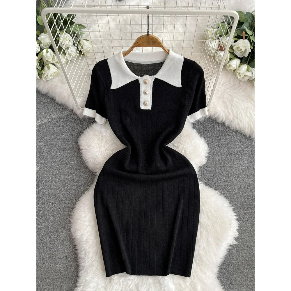 Polo Collar Patchwork Dresses Office Lady Casual Short Sleeve Knitted Dress Slim Mid Length Women Spring Summer Streetwear - JN Fashion Fusion