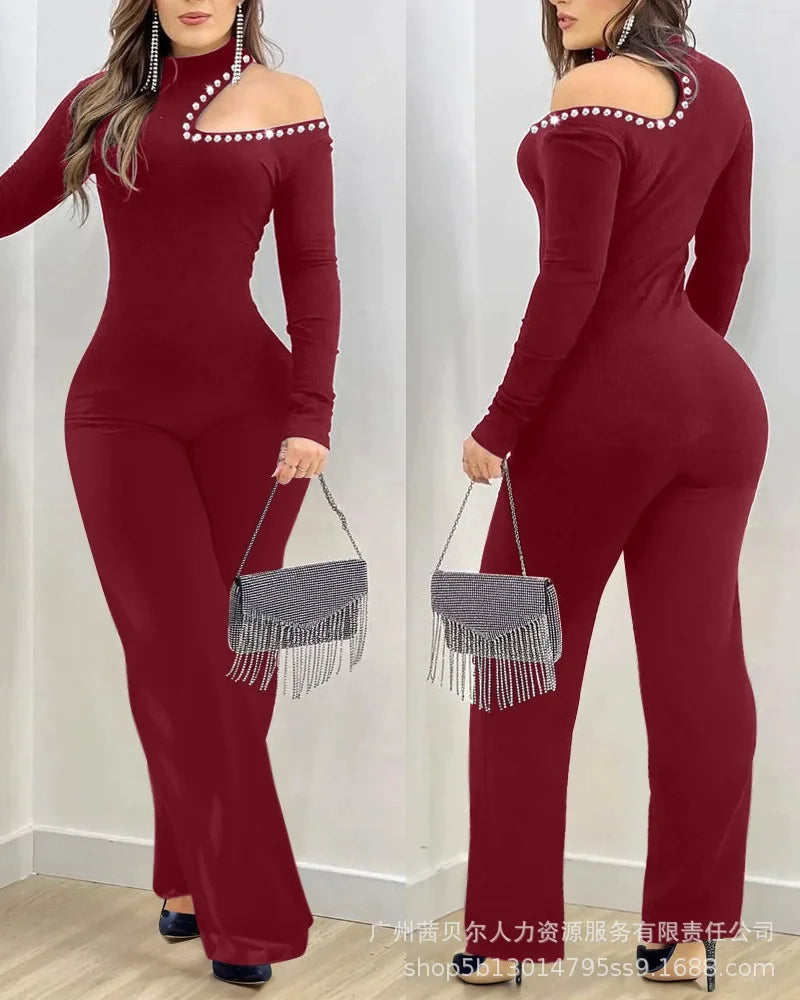 Rhinestone Jumpsuits Women Cold Shoulder High Neck High Waist Rompers Jumpsuit Long Sleeve Slim Fit Flared Pants Jumpsuit